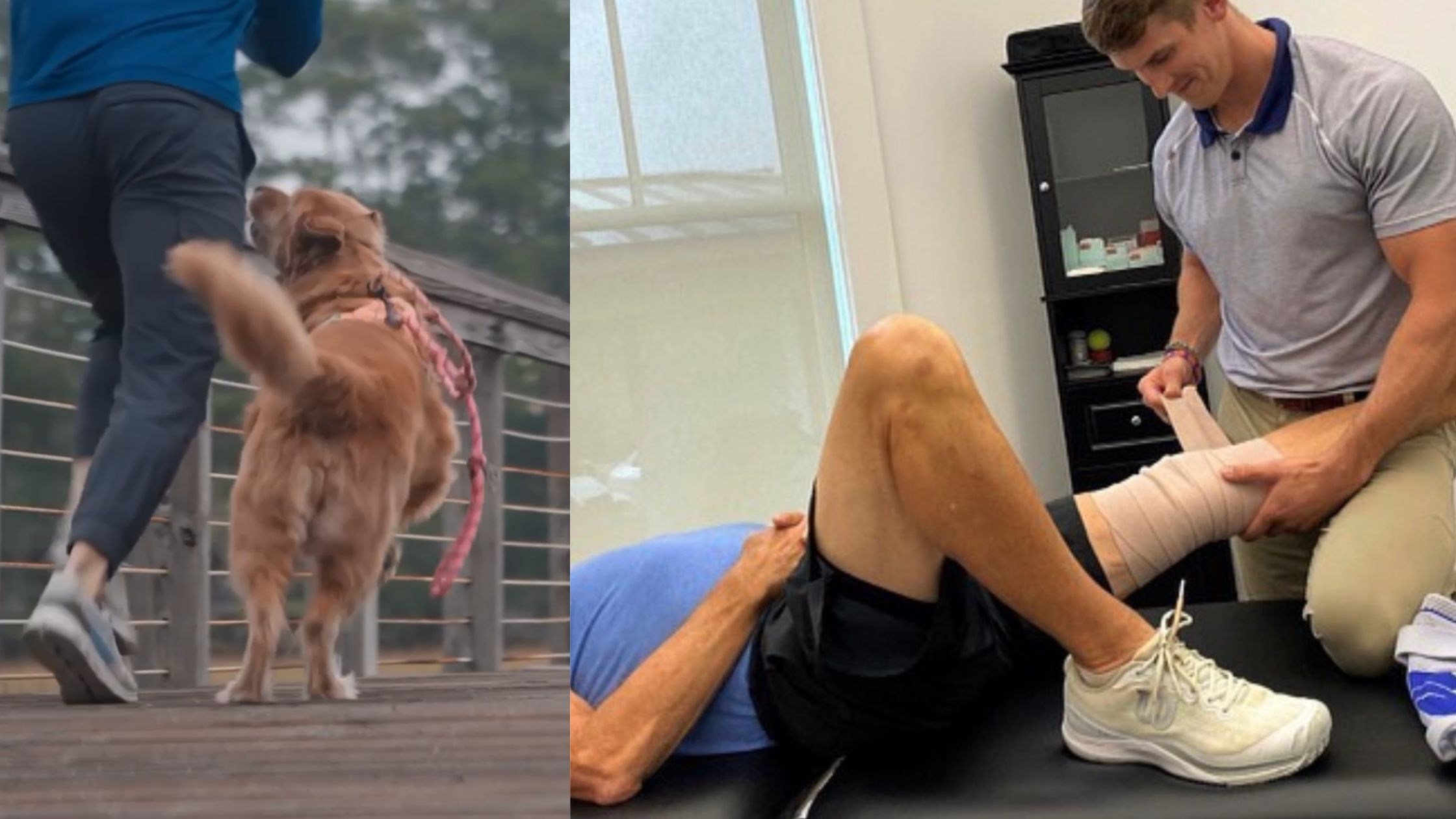 Sam running outdoors with Ralston, alongside a photo of Sam working as a physical therapist in his office